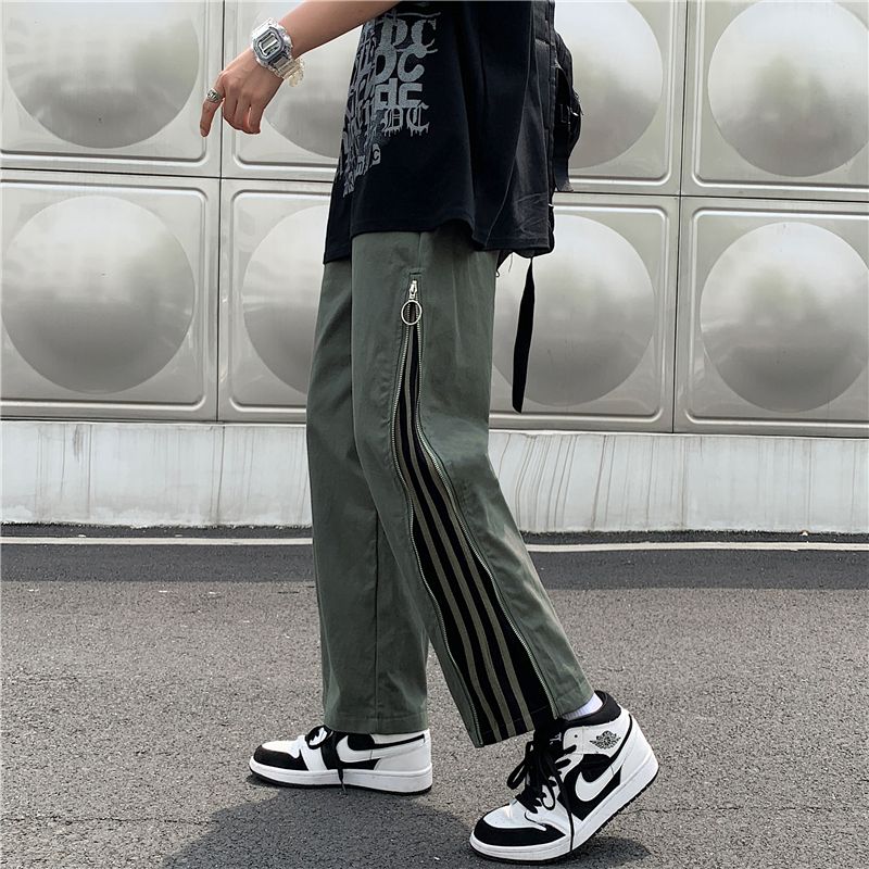 Summer thin casual pants men's straight loose trendy brand street zipper overalls Hong Kong style design nine-point pants