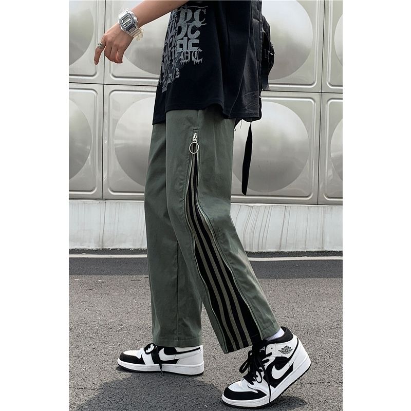 Summer thin casual pants men's straight loose trendy brand street zipper overalls Hong Kong style design nine-point pants