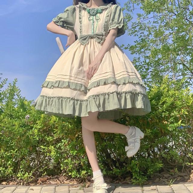Korean mushroom cool {spot}~ factory original design Lolita cream green dress pastoral phoenix short-sleeved op dress summer