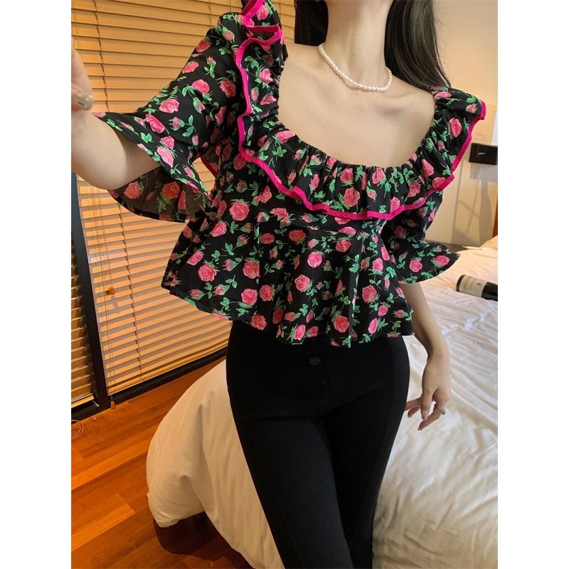 Summer French gentle wind printing rose garden dew clavicle square collar ruffled short-sleeved short-sleeved all-match shirt women