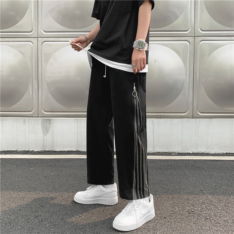 Summer thin casual pants men's straight loose trendy brand street zipper overalls Hong Kong style design nine-point pants