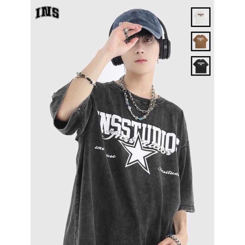 INSstudios 水洗做舊短袖自製國潮情侶美式復古星星LOGO純棉T恤男