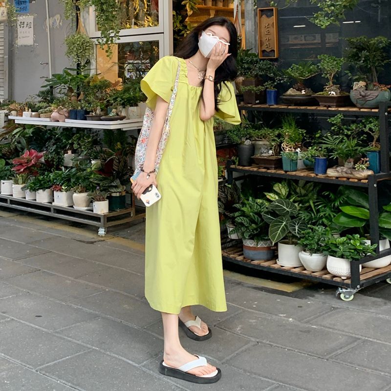 French first love sweet strappy puff sleeve dress summer 2023 new chic square collar loose mid-length skirt female