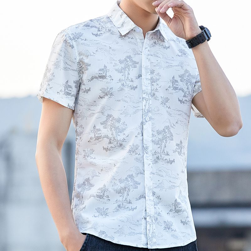High-grade flexible cotton ink printing shirt men's summer white short-sleeved shirt handsome men's shirt trendy