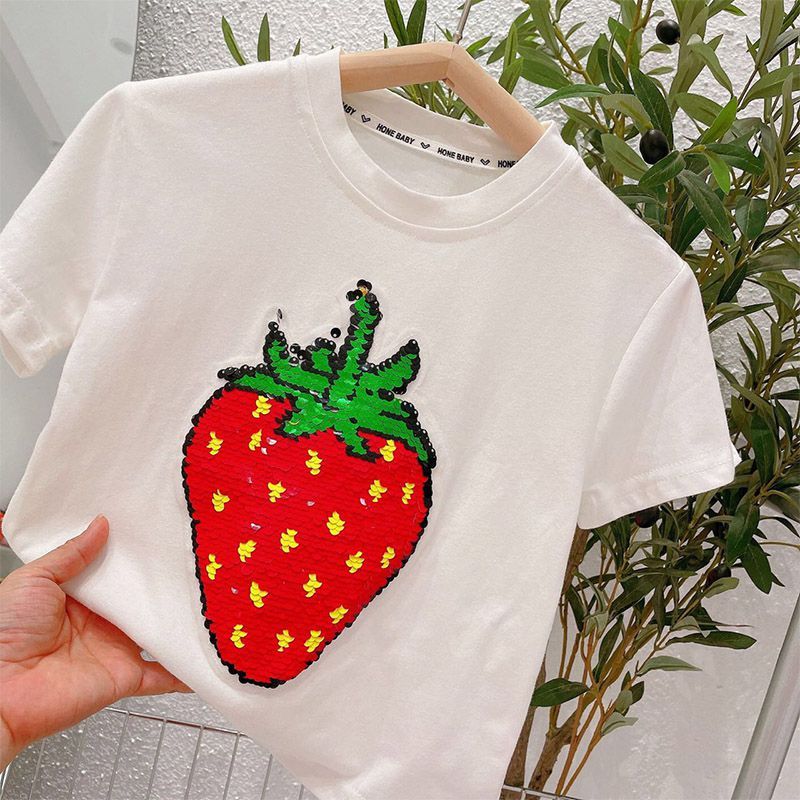 女童短袖t恤小女孩儿童宝宝可爱变色亮片草莓纯棉短袖上衣打底衫