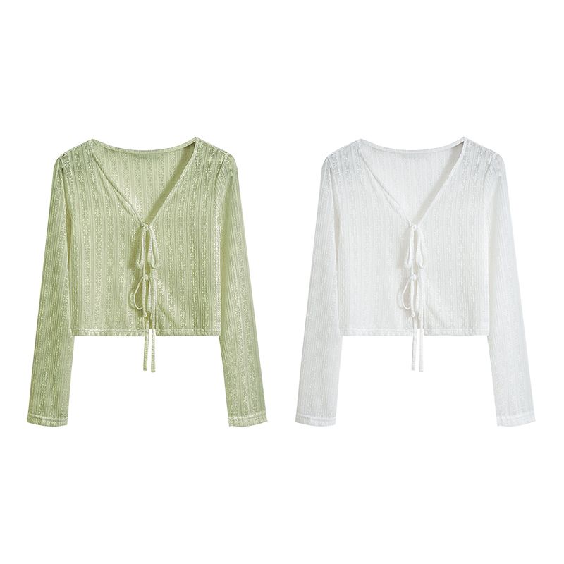 Ice Silk Sun Protection Cardigan Jacket Women's Thin Summer 2021 New Gentle Style White V-neck Long Sleeve Short Top