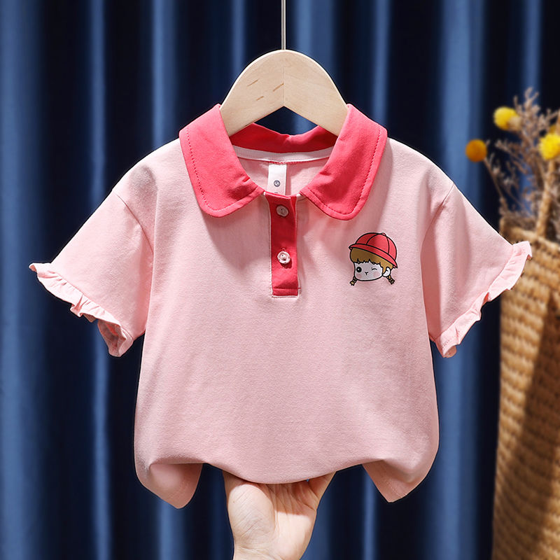 韓版休閒女童polo衫純棉卡通印花寶寶花邊翻領短袖t恤小童上衣女