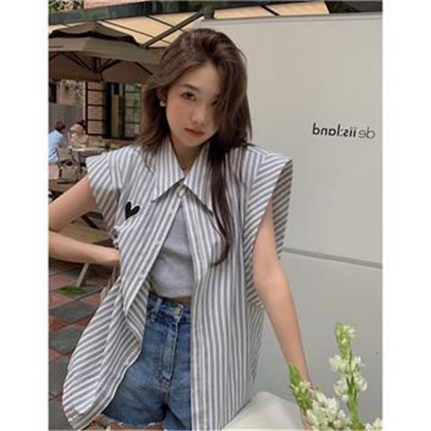 Striped love shirt female design sense niche summer  new style outerwear Hong Kong style loose sleeveless cardigan top