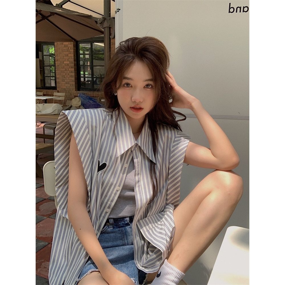 Striped love shirt female design sense niche summer  new style outerwear Hong Kong style loose sleeveless cardigan top