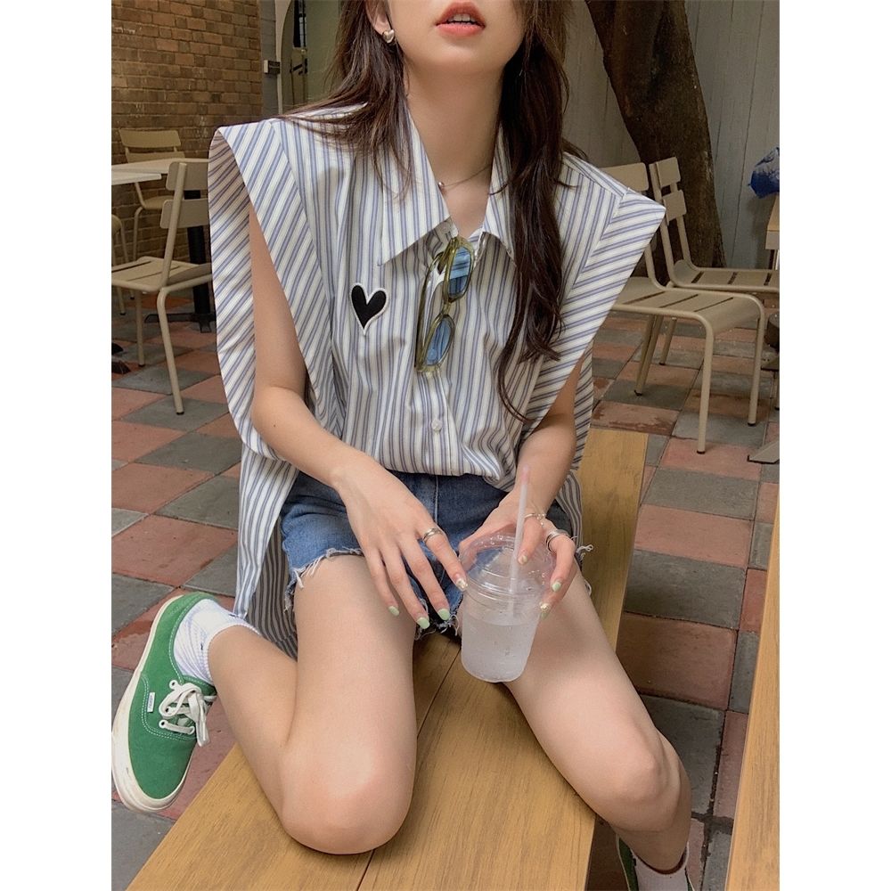 Striped love shirt female design sense niche summer  new style outerwear Hong Kong style loose sleeveless cardigan top