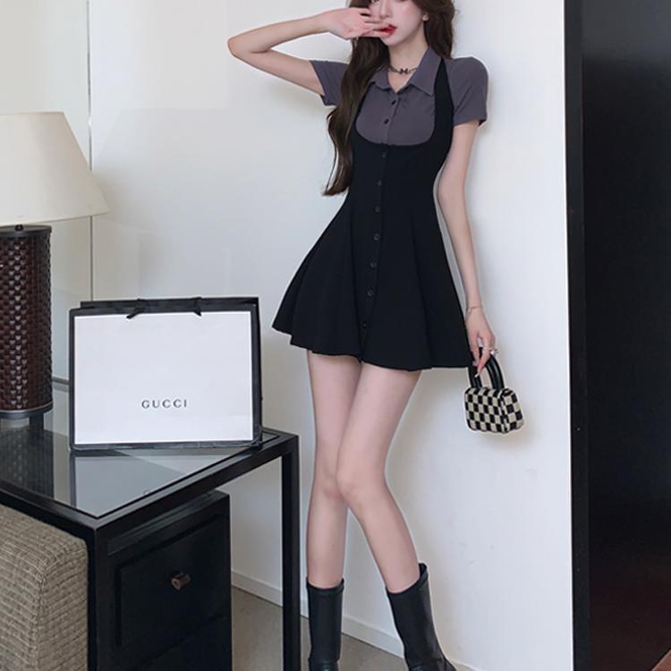 Polo shirt short-sleeved niche waist sling dress two-piece suit age reduction small hot girl suit summer girl pure desire