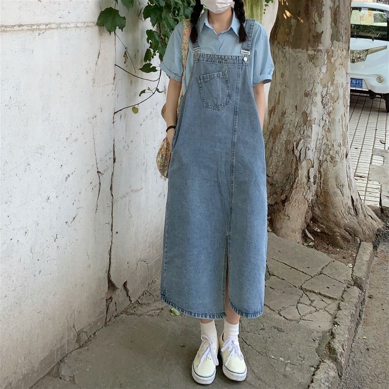 150 small irregular slit denim suspender skirt female early spring Sen tie mid-length suspender dress over the knee