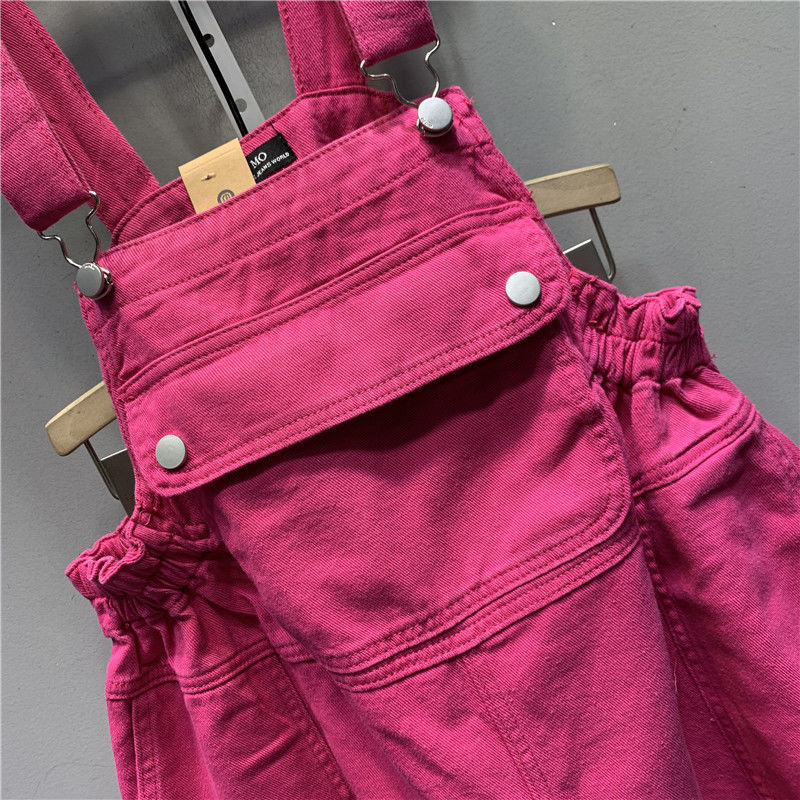 Western-style fashion age-reducing pocket rose red denim overalls shorts 2022 summer new loose casual jumpsuit