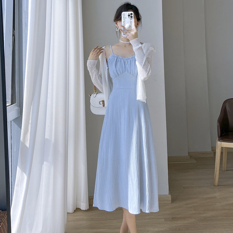 French first love white suspender dress women's summer design feeling sweet and gentle wind long skirt two-piece suit