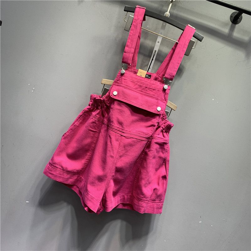 Western-style fashion age-reducing pocket rose red denim overalls shorts 2022 summer new loose casual jumpsuit