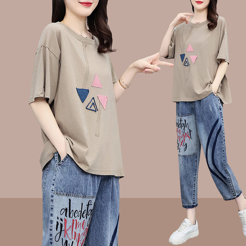 單/套裝 2023夏裝新款短袖長褲兩件套時尚運動服大碼寬鬆休閒女裝