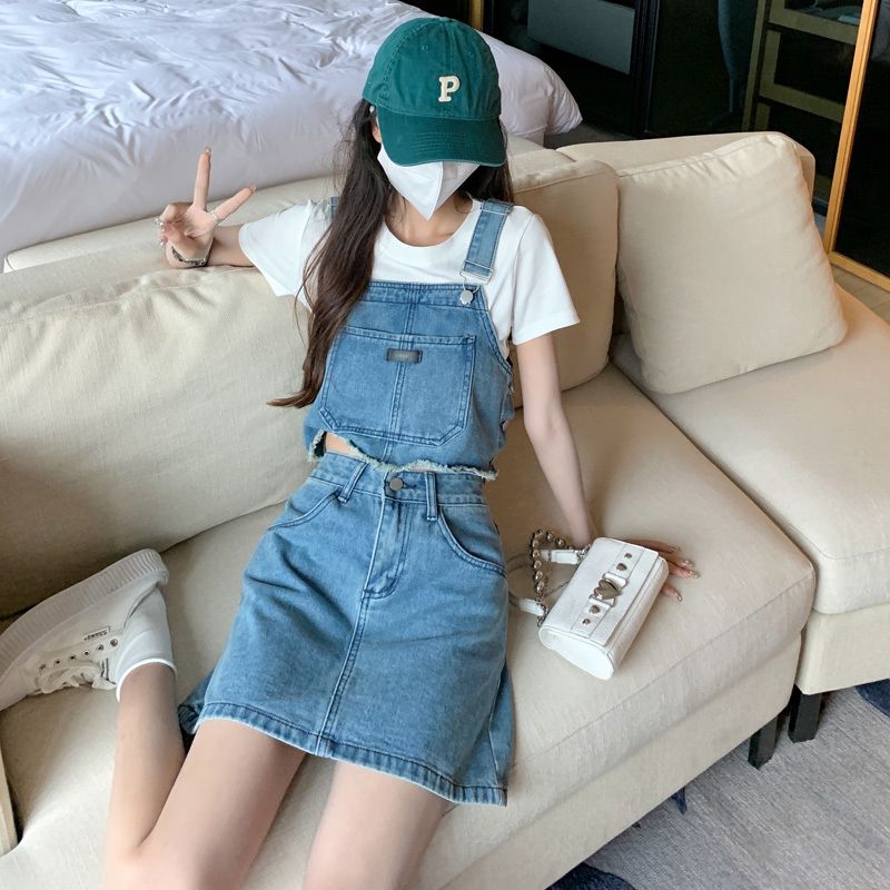 Denim strap top high waist skirt suit skirt women's lively and pure two-piece summer 2022 new style