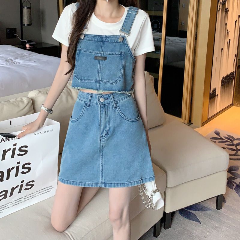 Denim strap top high waist skirt suit skirt women's lively and pure two-piece summer  new style
