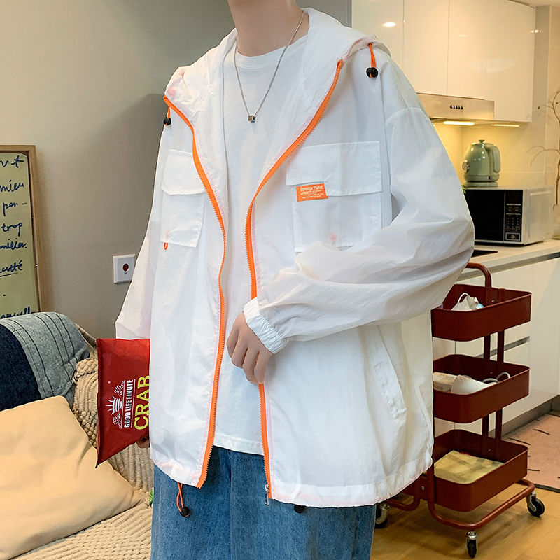 工裝連帽防曬衣男夏季薄款透氣寬鬆夾克ins港風情侶潮流撞色外套