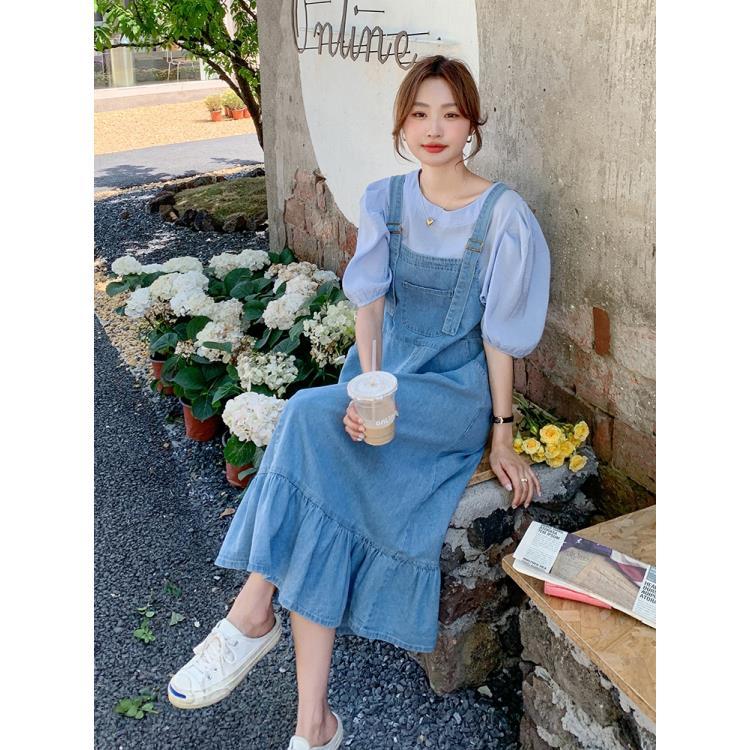 Denim strap dress women's summer  new college style loose retro small French ruffled dress