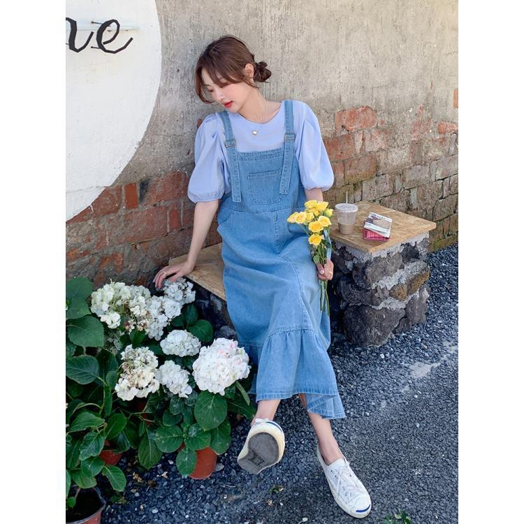 Denim strap dress women's summer  new college style loose retro small French ruffled dress