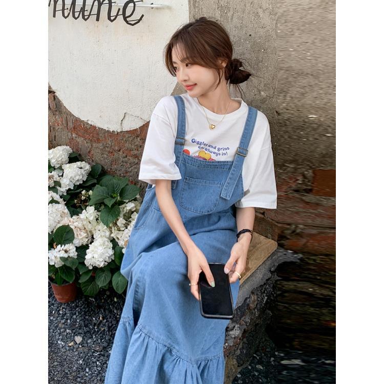 Denim strap dress women's summer  new college style loose retro small French ruffled dress