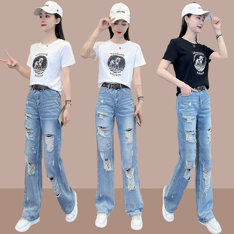 【純棉】獨角獸百搭時尚套裝女新款圓領潮流寬鬆短袖牛仔褲兩件套