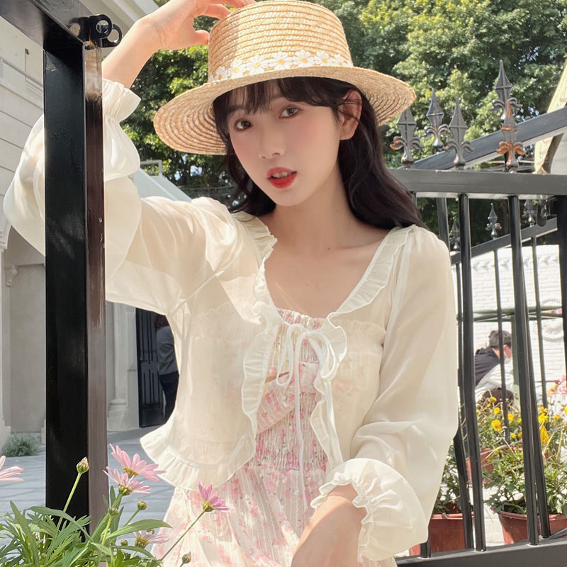 夏季法式甜美木耳邊小清新防曬衣小外套配吊帶裙的復古開衫薄款