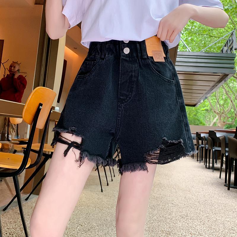 Girls' denim shorts 2022 summer new style medium and large girls Korean version of foreign style high waist hot pants slim A-line pants