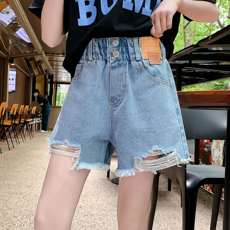Girls' denim shorts 2022 summer new style medium and large girls Korean version of foreign style high waist hot pants slim A-line pants