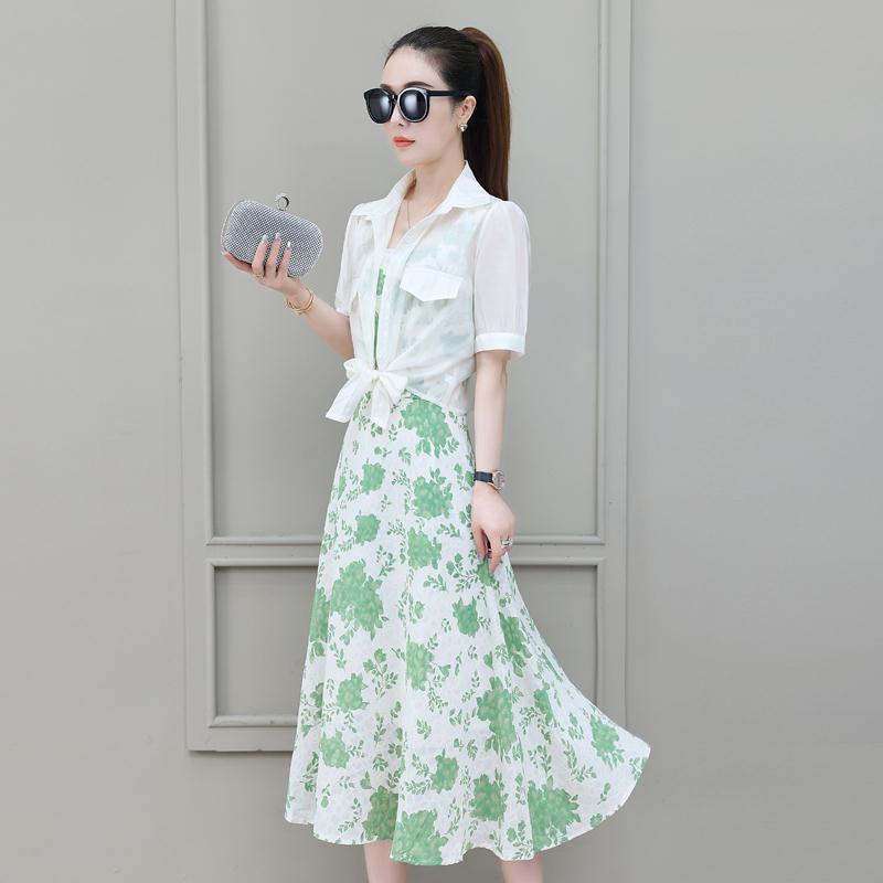 單/兩件套裝碎花吊帶裙2023年夏季新款雪紡連衣裙女洋氣減齡裙子