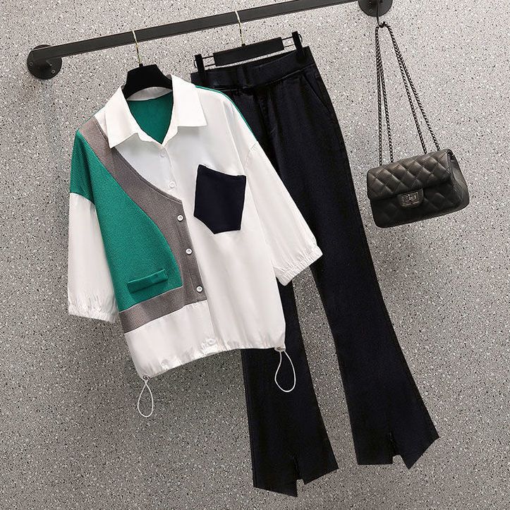 单/套装 夏新款撞色拼接短袖衬衫小个子气质减龄显瘦微喇裤两件套
