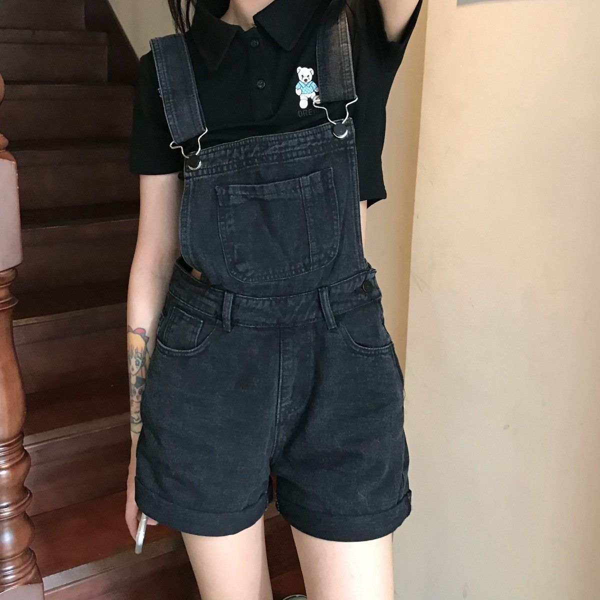 orachen | Your favorite overalls are here again, this time they are black shorts with rolled edges