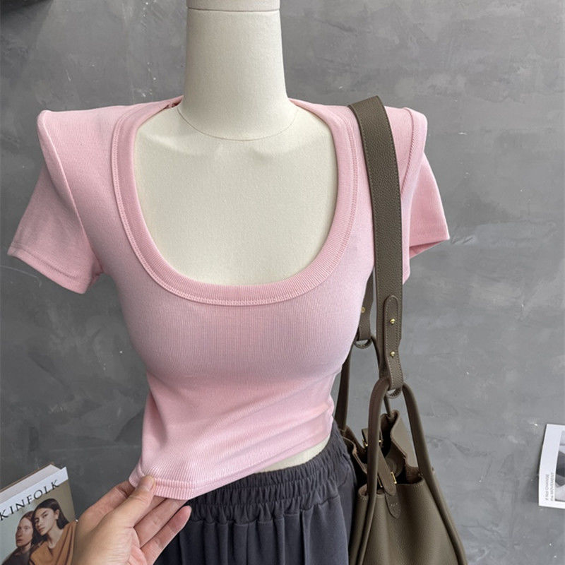 Pure desire style T-shirt women's 2023 summer new short-sleeved hot girls wear sexy low-necked high-waist short tops bottoming