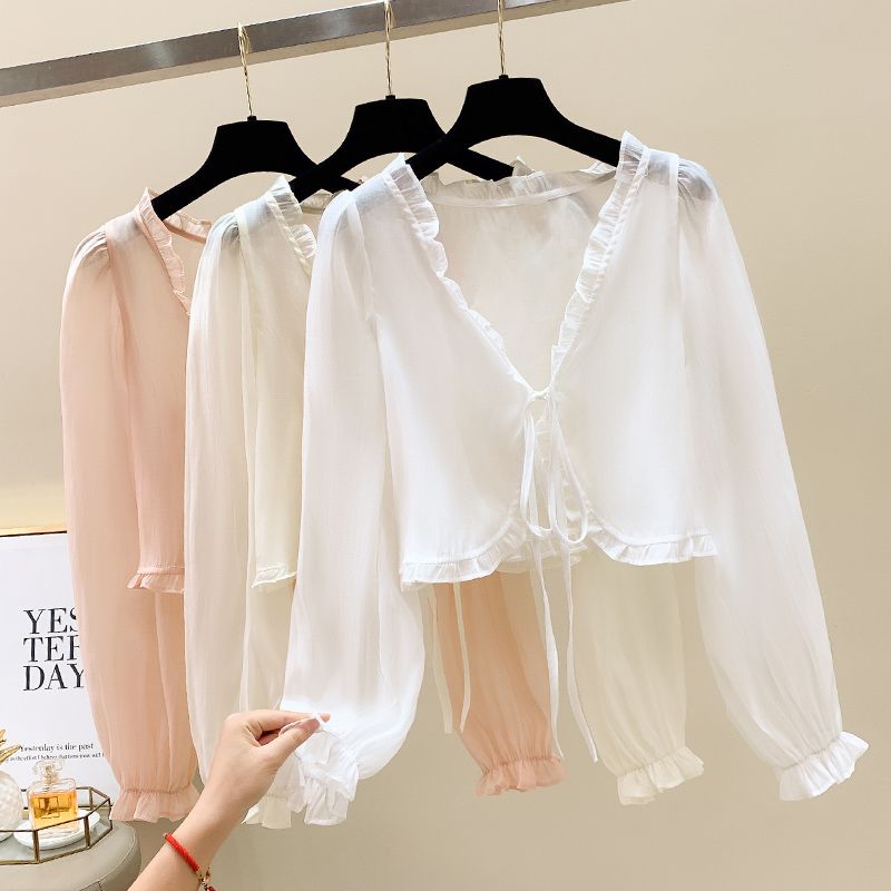 Suspended skirt with women's summer fungus lace up short thin chiffon cardigan jacket sun protection shirt paired with skirt