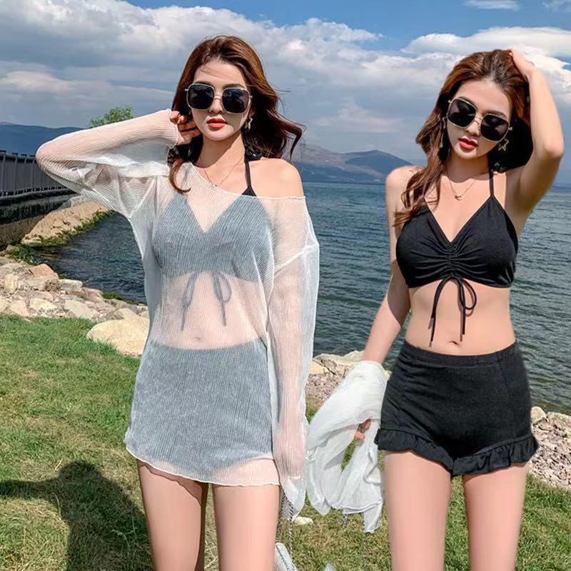 Fairy swimsuit for women, ins style, sexy split, conservative belly-covering three-piece cover-up, long-sleeved slimming vacation swimsuit