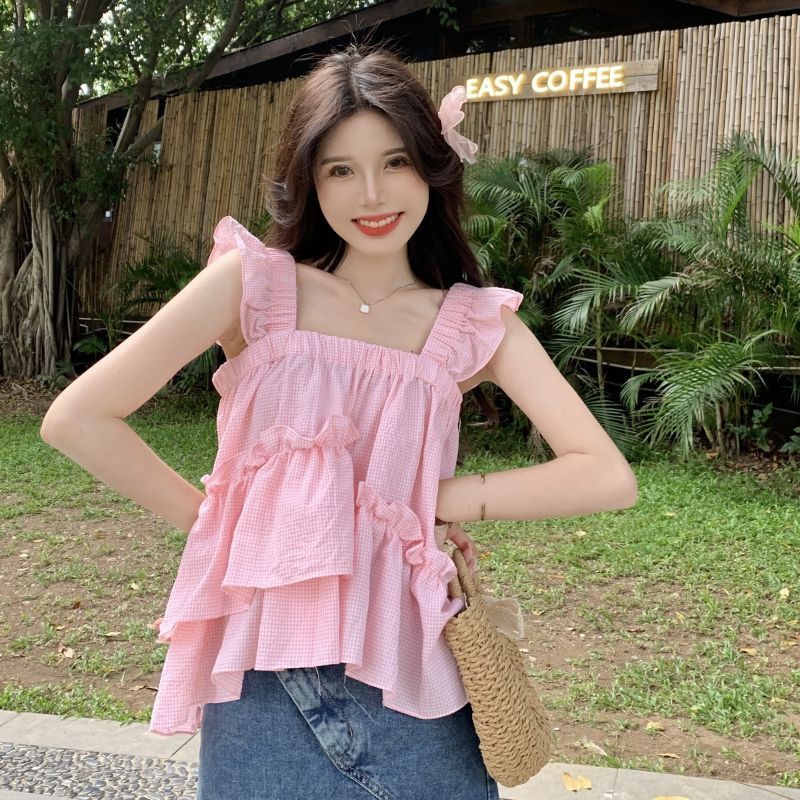 2023 summer new Korean version sweet and cute age-reducing lattice layered loose strap doll shirt shirt top women