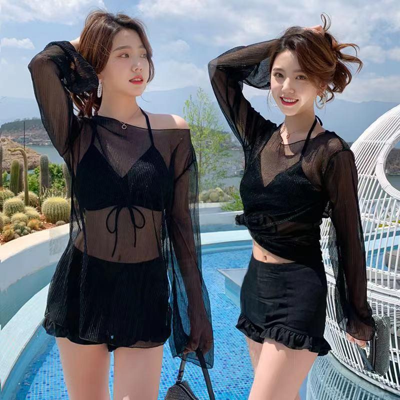 Fairy swimsuit for women, ins style, sexy split, conservative belly-covering three-piece cover-up, long-sleeved slimming vacation swimsuit
