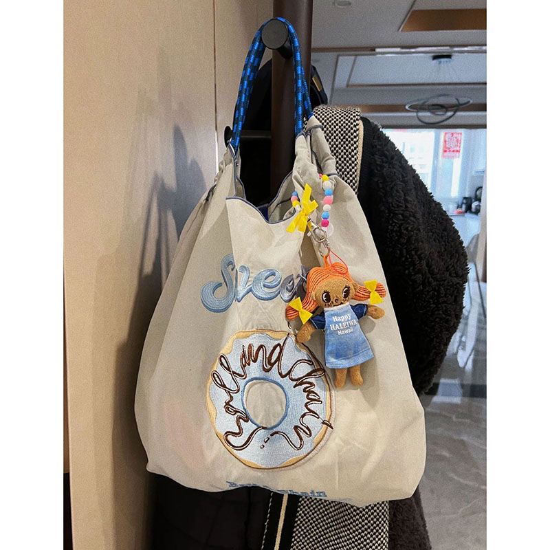 自製日系小眾包包女甜甜圈刺繡環保袋購物袋布袋ball chain斜挎包