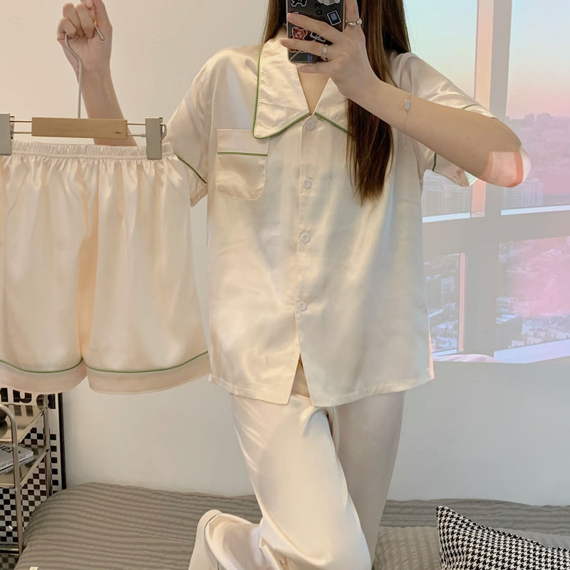 2022 new pajamas women's summer ice silk thin section short-sleeved high-end three-piece suit spring and autumn summer home service