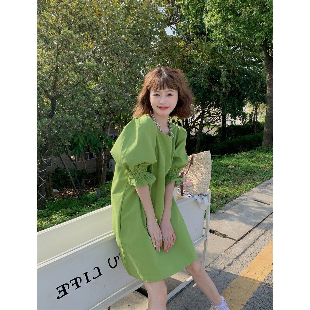 Plus size women's fat mm2023 summer Korean version sweet loose vitality girl lotus leaf shirred sleeves round neck dress