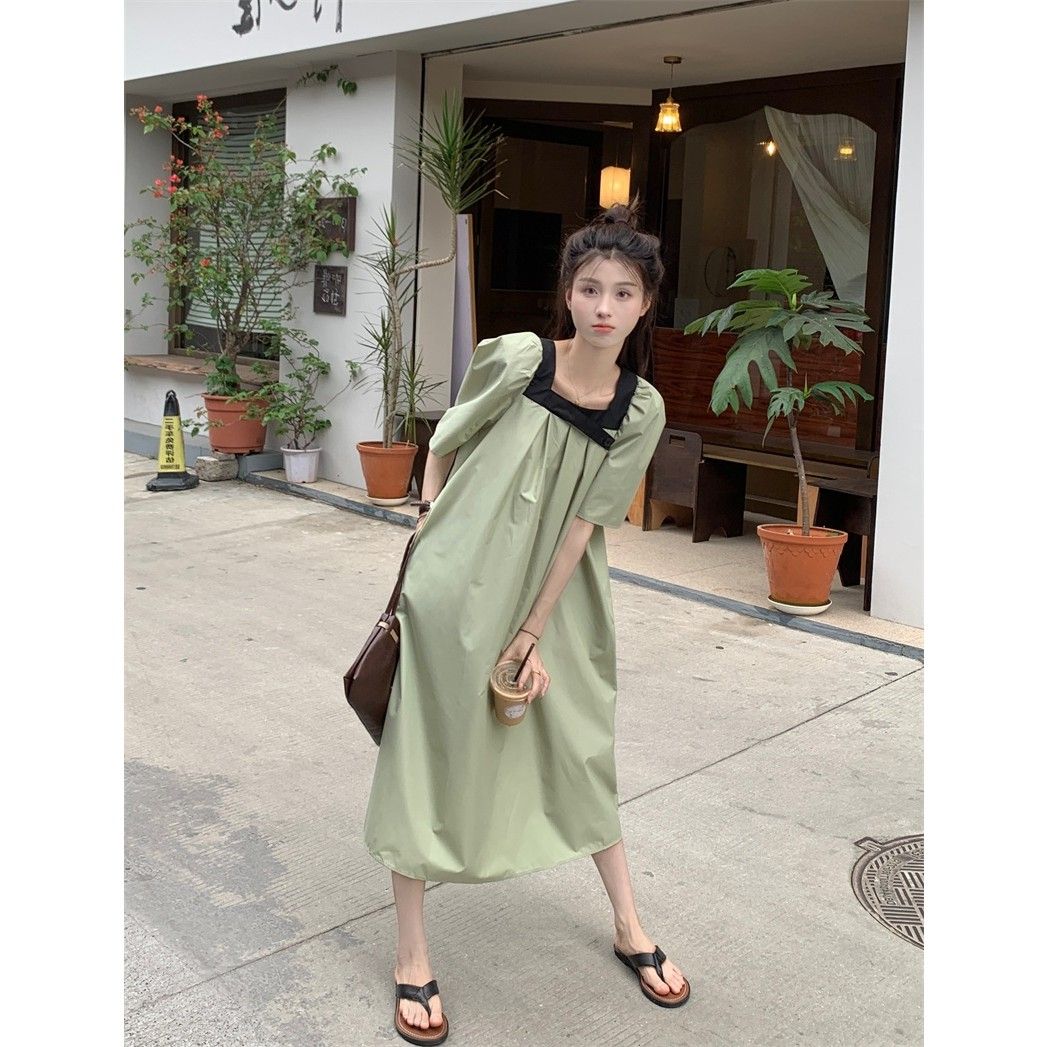 Plus-size women's fat mm2023 summer Korean version sweet loose age-reducing color contrast square collar mid-length short-sleeved dress