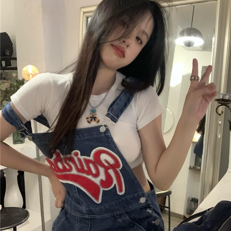 Retro letter suspenders one-piece jeans women's summer thin section all-match loose high waist slim wide-leg pants trousers