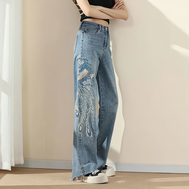 闊腿高腰牛仔褲女2022夏季新款鳳凰刺繡直筒寬鬆潮流顯瘦喇叭垂感