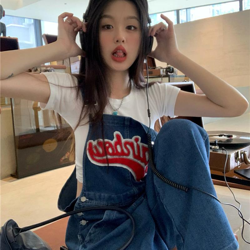 Retro letter suspenders one-piece jeans women's summer thin section all-match loose high waist slim wide-leg pants trousers