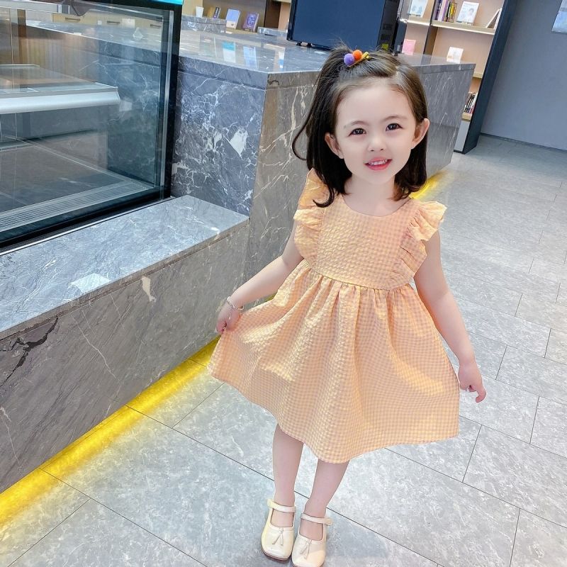 女童裙子夏格子無袖連衣裙公主裙小童兒童夏裝網紅時髦女寶寶夏季