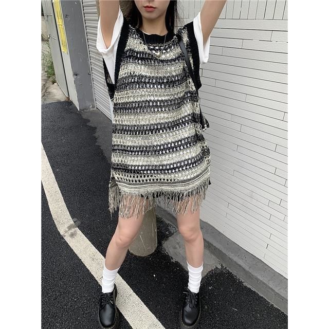 兩件套裝/單件夏季甜辣風辣妹設計感小眾鏤空馬甲背心女+短袖T恤
