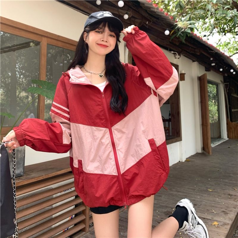 Contrast color hooded sun protection jacket for women, summer versatile loose lazy style casual thin jacket  new trend