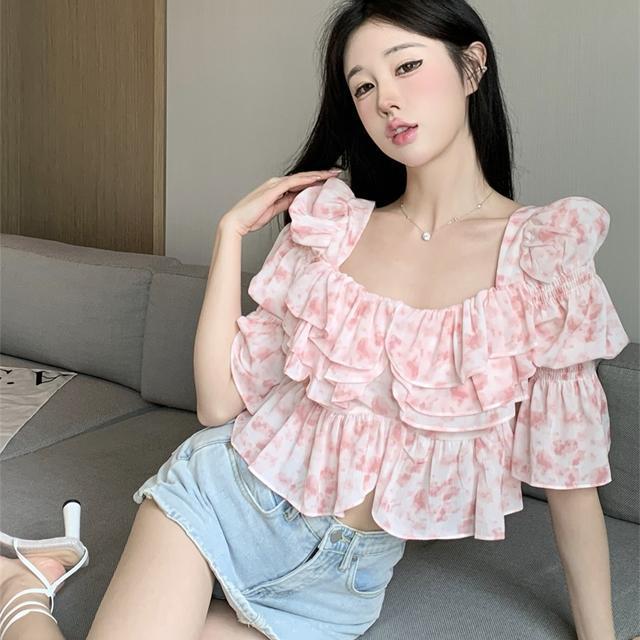 法式方領碎花短袖雪紡襯衫女裝夏季甜辣妹純欲荷葉邊氣質短款上衣