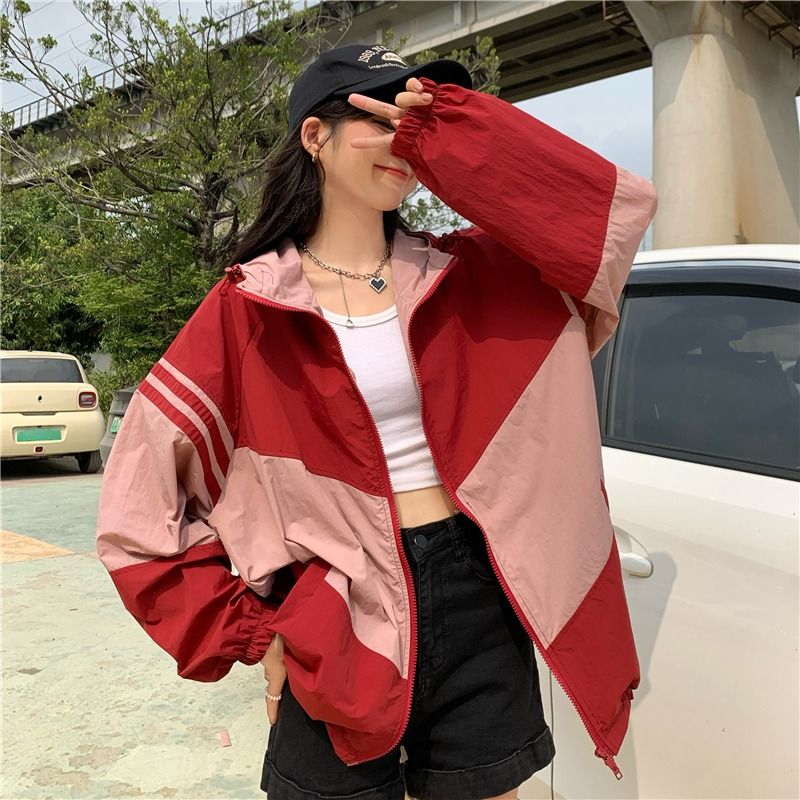 Contrast color hooded sun protection jacket for women, summer versatile loose lazy style casual thin jacket  new trend